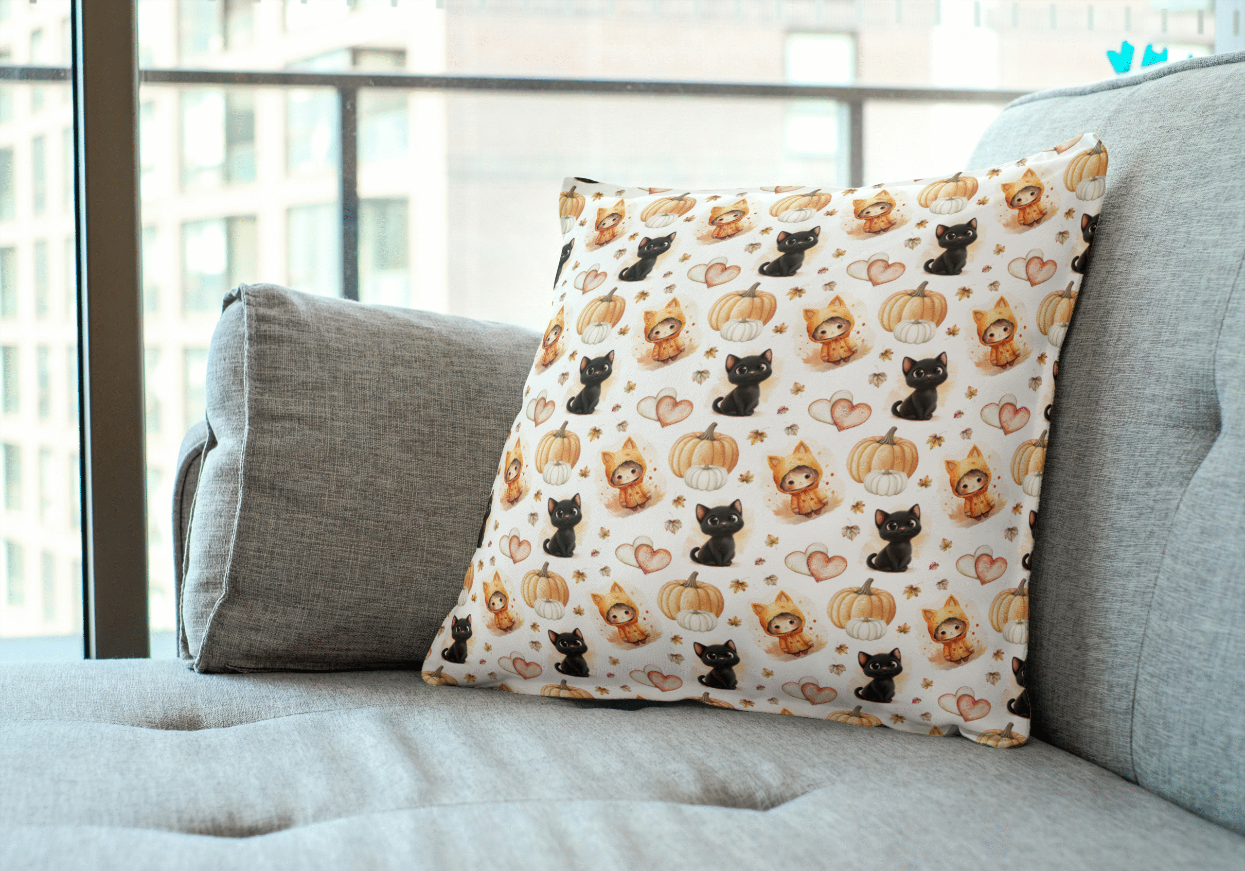 Cats and Pumpkins Seamless Pattern Pillow Mockkup