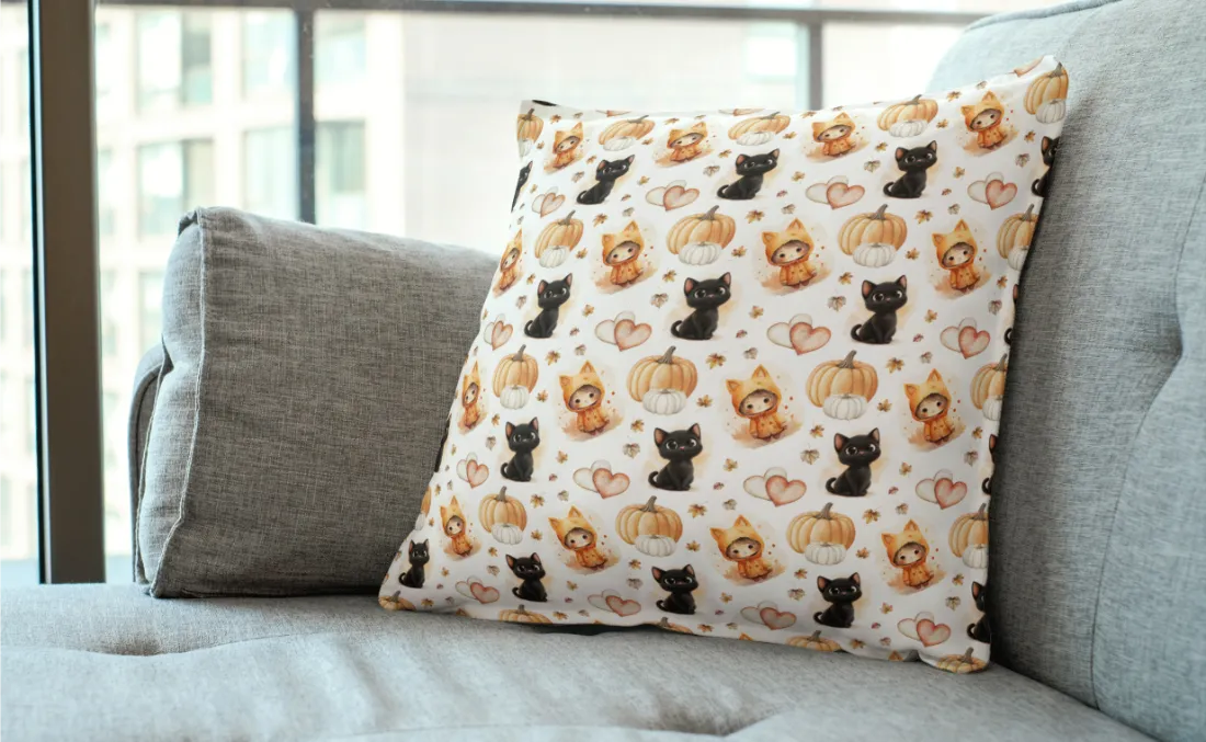 Kittens and Pumpkins Seamless Pattern Pillow Mockup